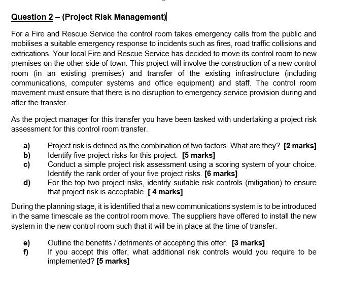 Question 2 - (Project Risk Management)| For a