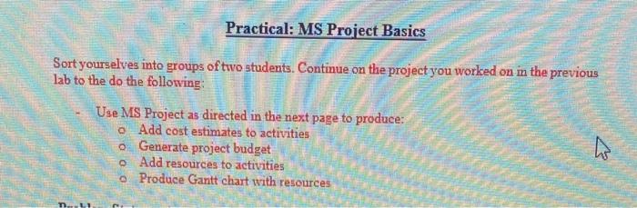 Practical: MS Project Basics Sort yourselves into