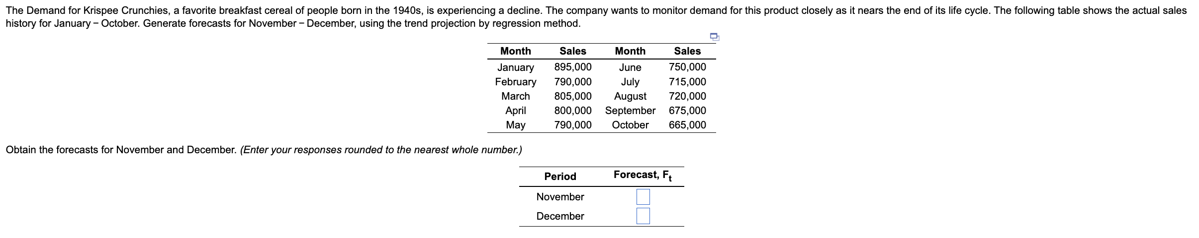 Obtain the forecasts for November and December.