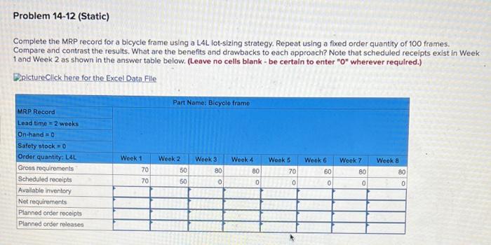 Problem 14-12 (Static) Complete the MRP record