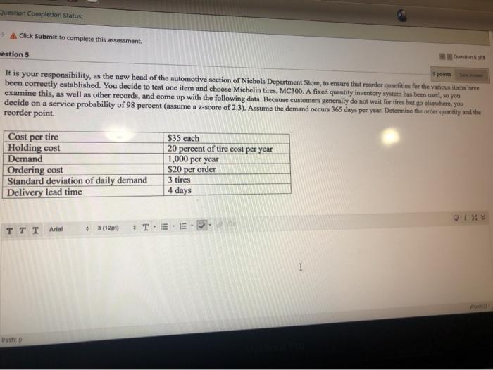 Question Completion Status: Click Submit to