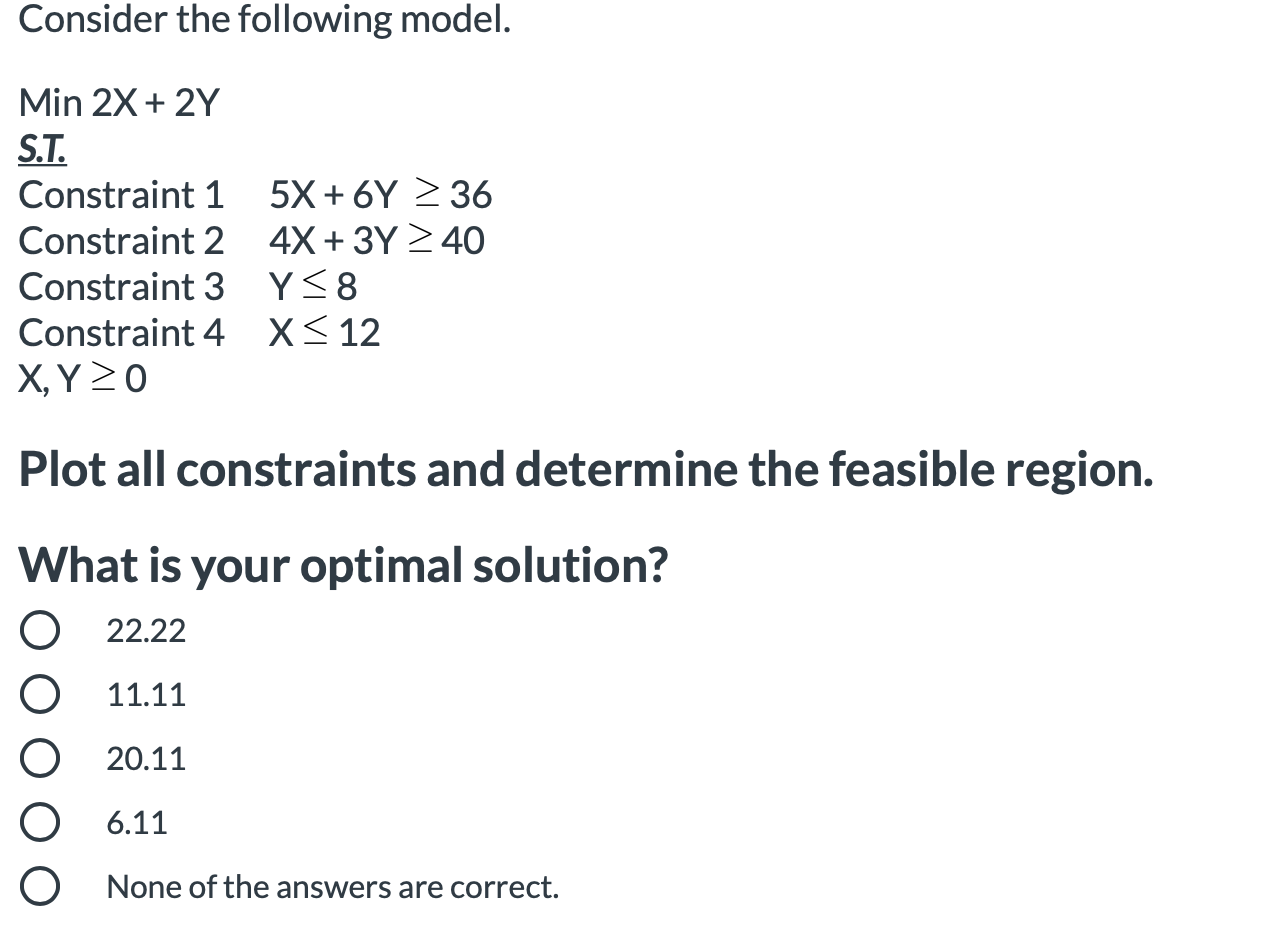Consider the following model. Min 2X + 2Y S.T.
