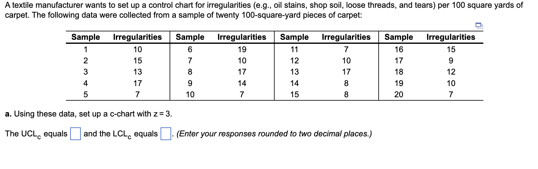 a. Using these data, set up a c-chart with z=3.