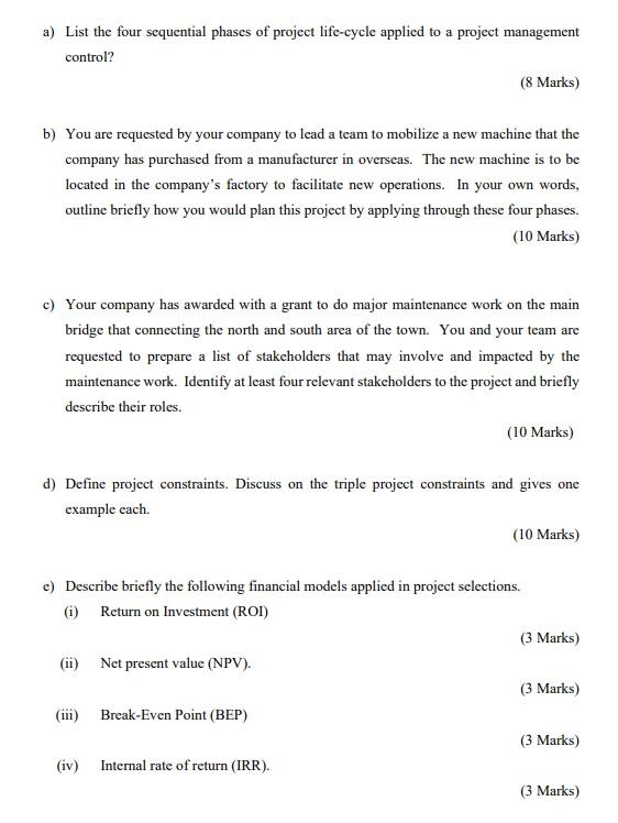 a) List the four sequential phases of project