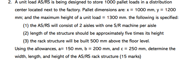 2. A unit load AS/RS is being designed to store