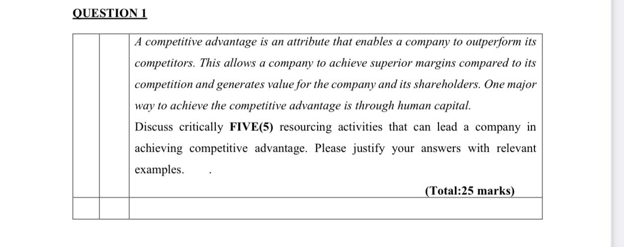 QUESTION 1 A competitive advantage is an