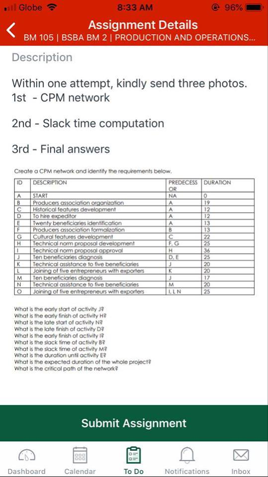 il Globe 8:33 AM 96% Assignment Details BM 105 |