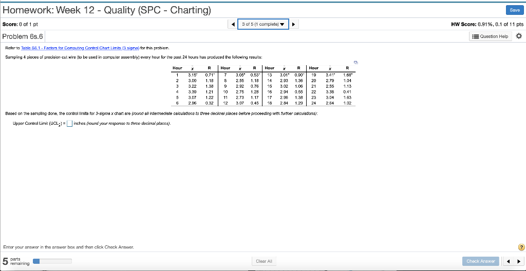 Homework: Week 12 - Quality (SPC - Charting) Save