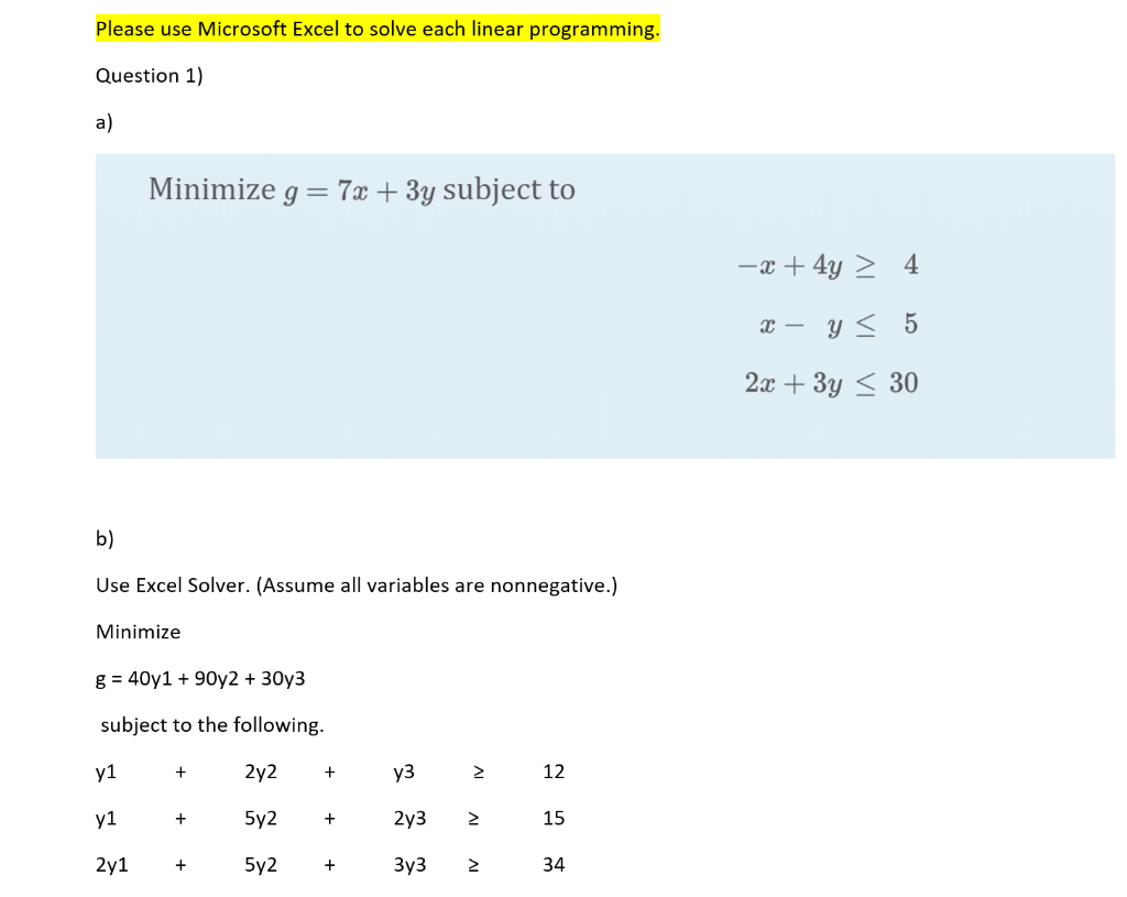 Solve Linear Programming using excel solver