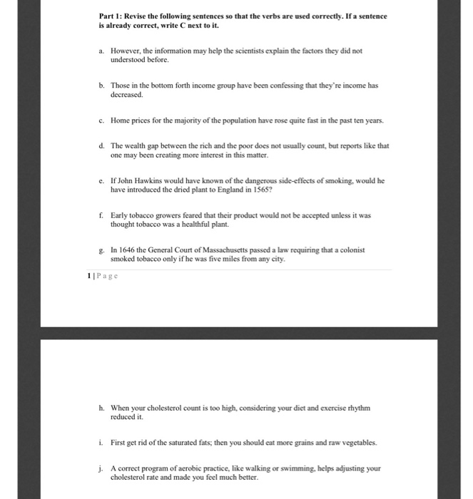 Part 1: Revise the following sentences so that