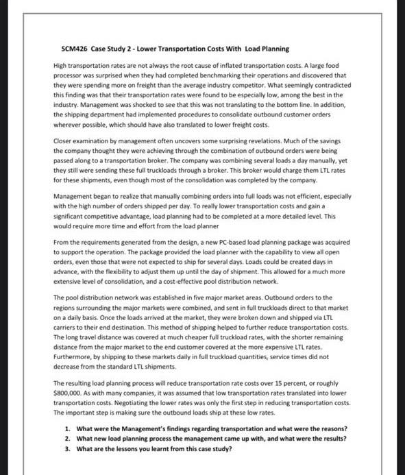 5CM426 Case Study 2 - Lower Transportation Costs