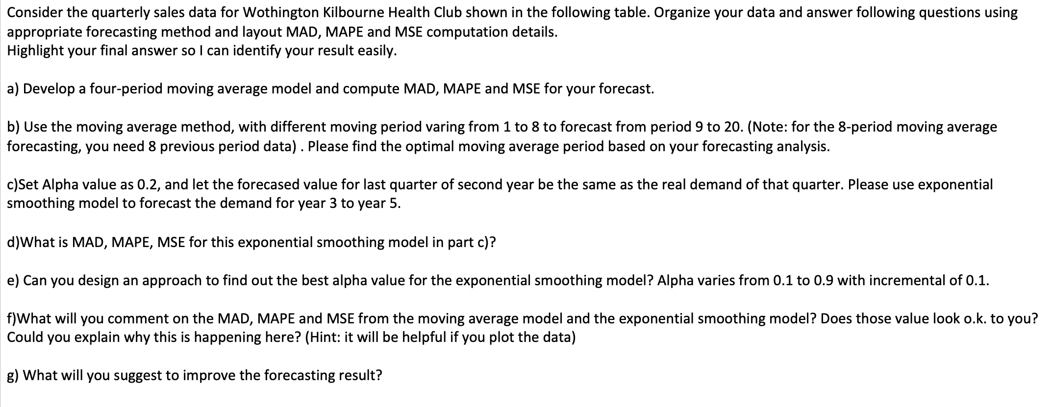 Consider the quarterly sales data for Wothington