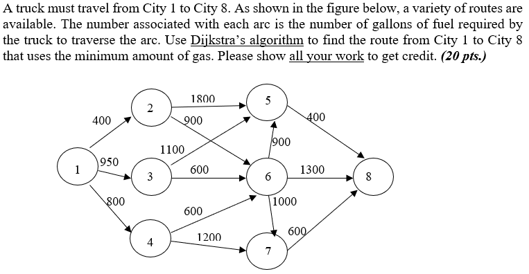A truck must travel from City 1 to City 8. As