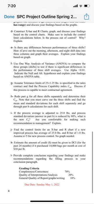 I need help on h. 7:20 Done SPC Project Outline