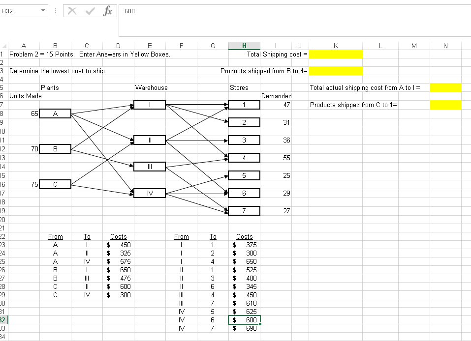 Solve using Excel H32 X V fx 600 F G H K M N B C