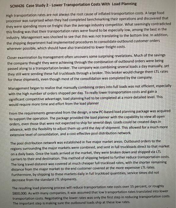 SCM426 Case Study 2 - Lower Transportation Costs