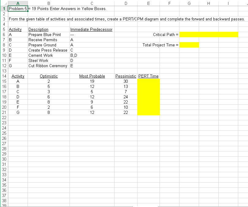 Solve using excel 7 A B C D E F G . 1 Problem 5 F