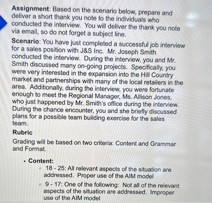 Assignment: Based on the scenario below, prepare