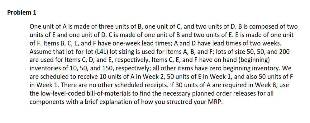 Problem 1 One unit of A is made of three units of