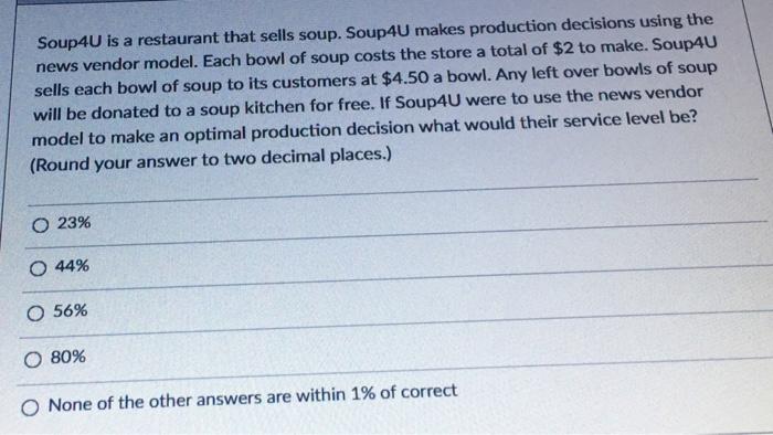 Soup4U is a restaurant that sells soup. Soup4U