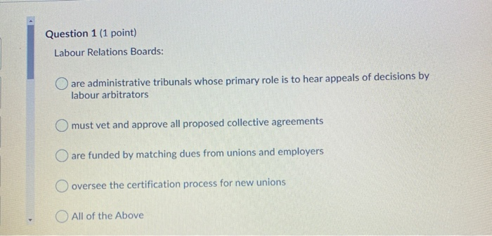 Question 1 (1 point) Labour Relations Boards: are