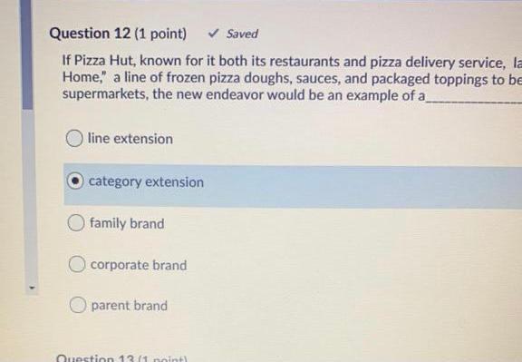 Question 12 (1 point) Saved If Pizza Hut, known