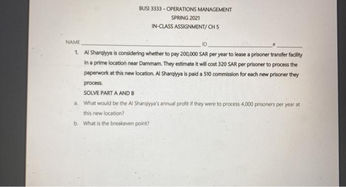 BUSI 3333 - OPERATIONS MANAGEMENT SPRING 2021