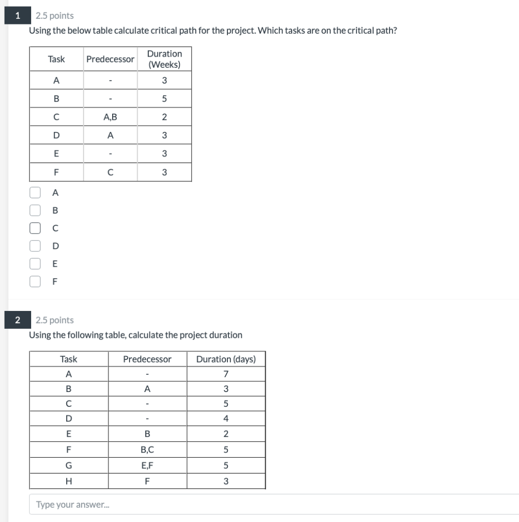 1 2.5 points Using the below table calculate