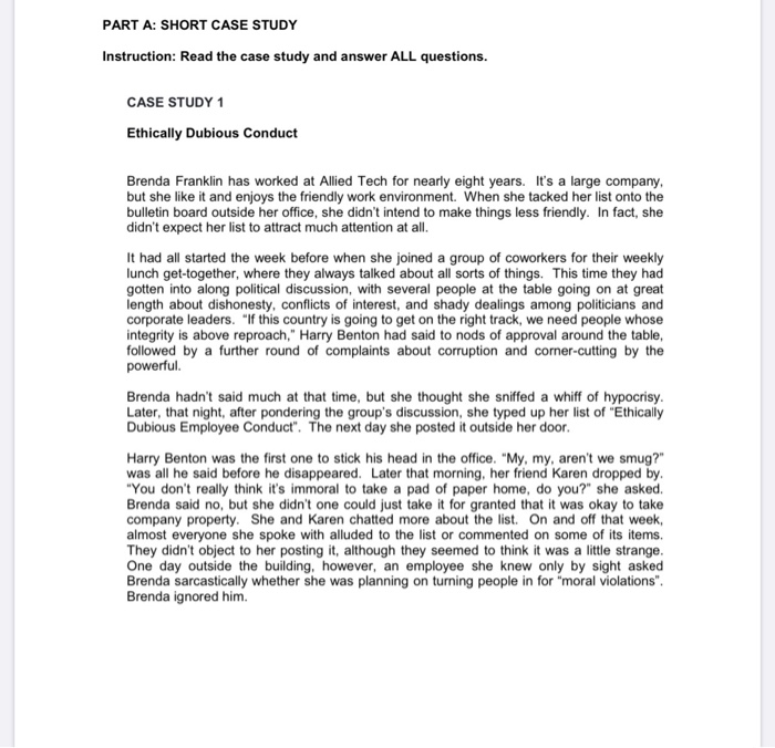 PART A: SHORT CASE STUDY Instruction: Read the
