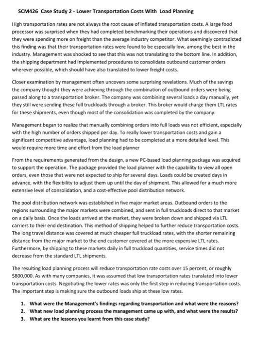 SCM426 Case Study 2 - Lower Transportation Costs