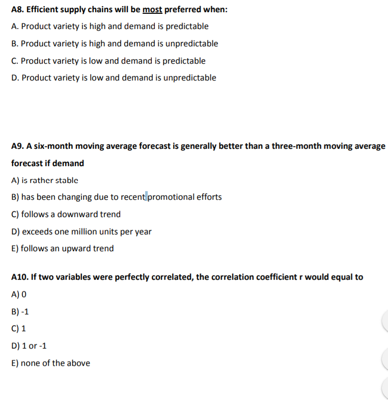Please help, A8. Efficient supply chains will be