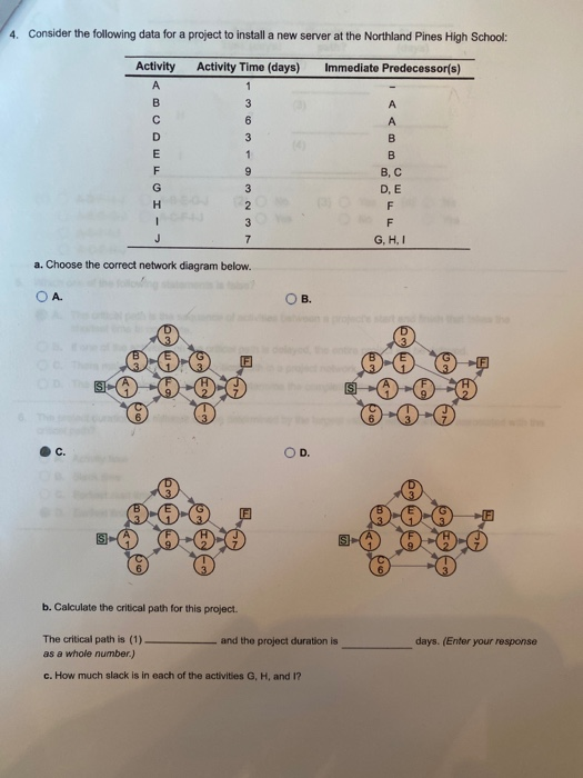 4. Consider the following data for a project to