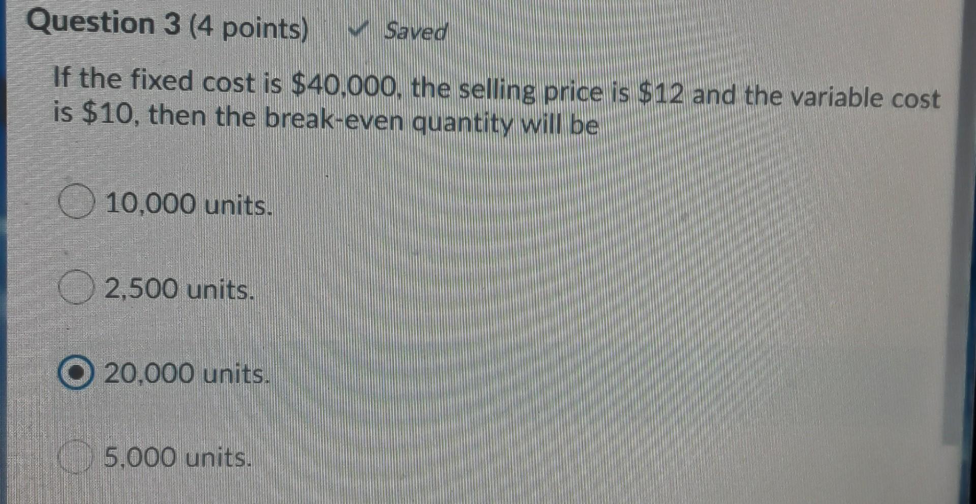 Question 3 (4 points) Saved If the fixed cost is