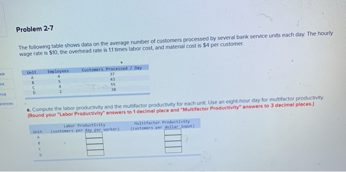 Problem 2-7 The following table shows data on the
