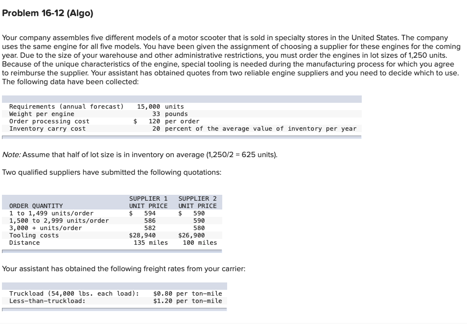Please help me Problem 16-12 (Algo) Your company