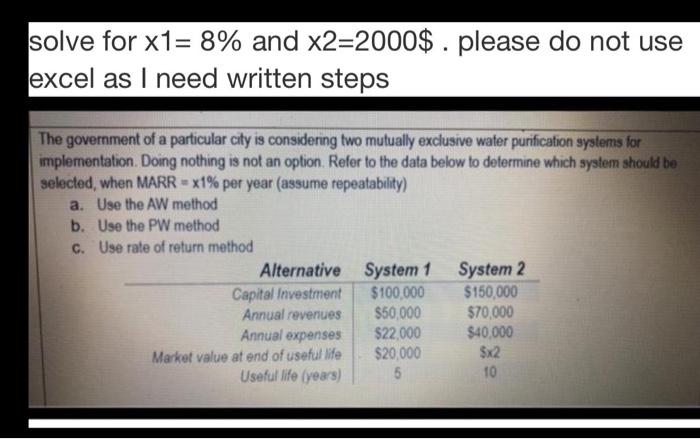 solve for x1= 8% and x2=2000$ . please do not use