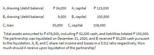 A, drawing (debit balance) P 24,000 A, capital P