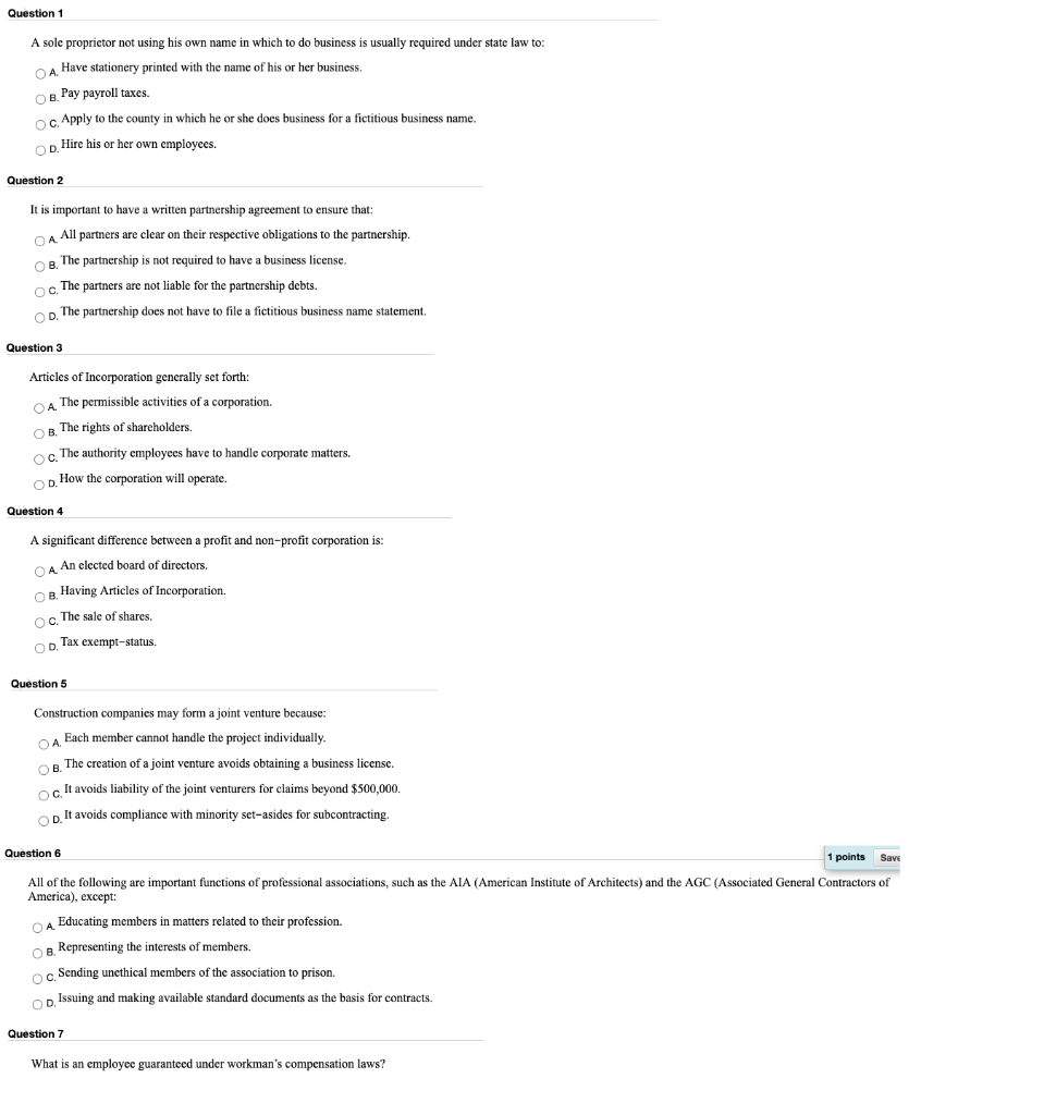 Question 1 A sole proprietor not using his own