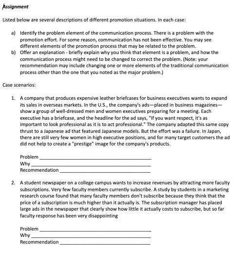 Assignment Listed below are several descriptions