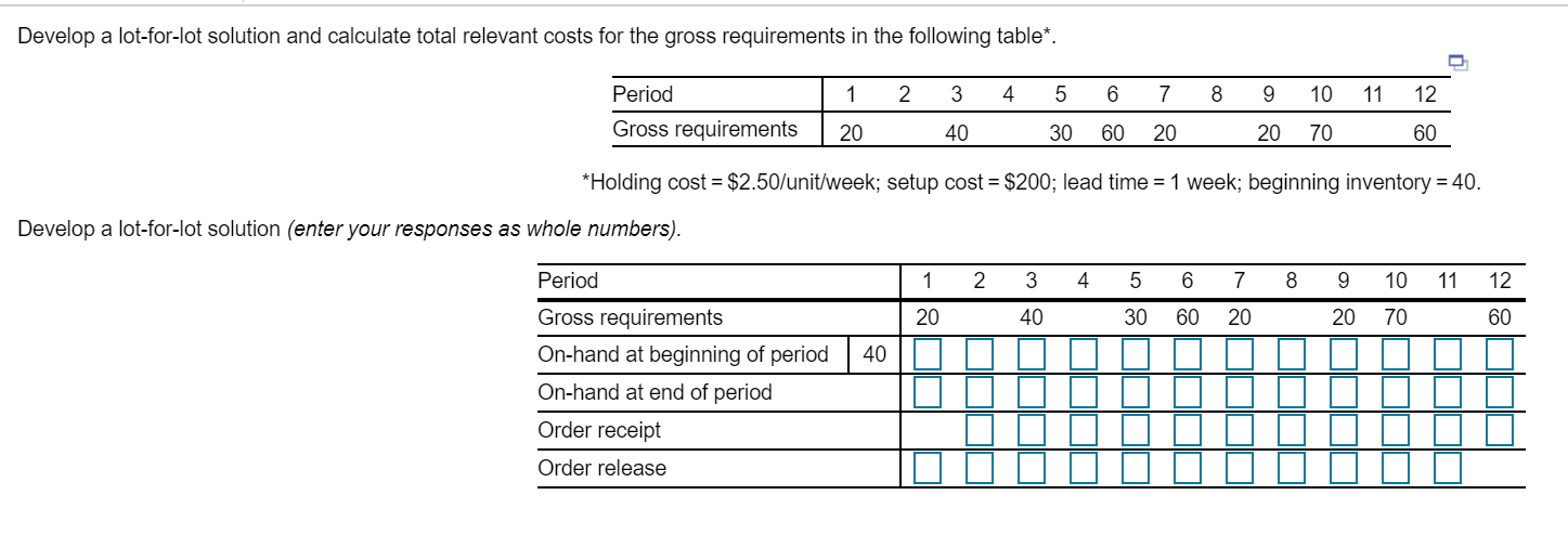 2. Find Total Cost ($) Develop a lot-for-lot