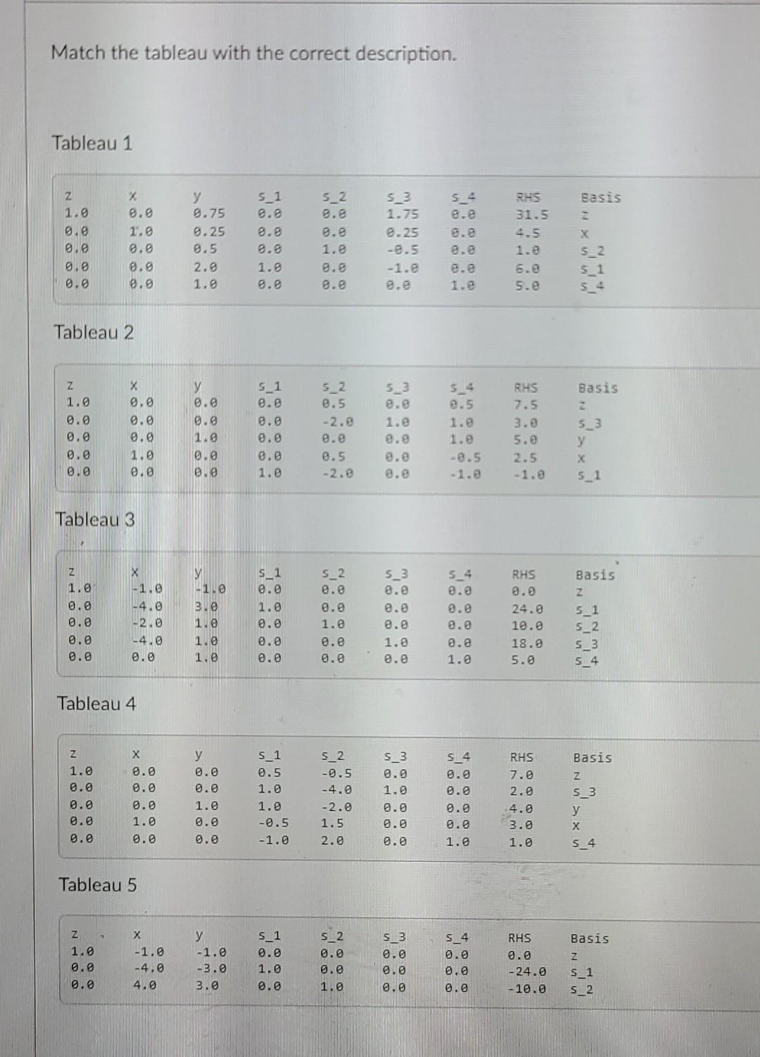 options are the same for 5 tableau Match the