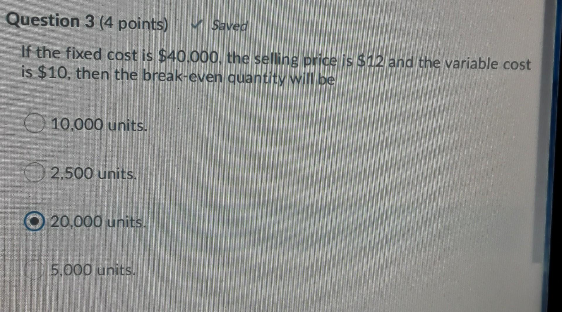 Question 3 (4 points) Saved If the fixed cost is