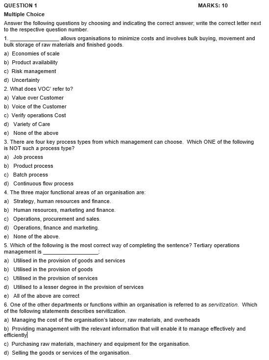 QUESTION 1 MARKS: 10 Multiple Choice Answer the