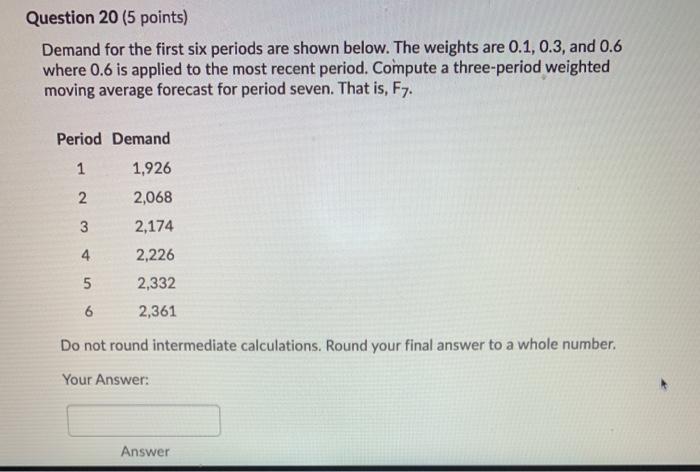 Question 20 (5 points) Demand for the first six