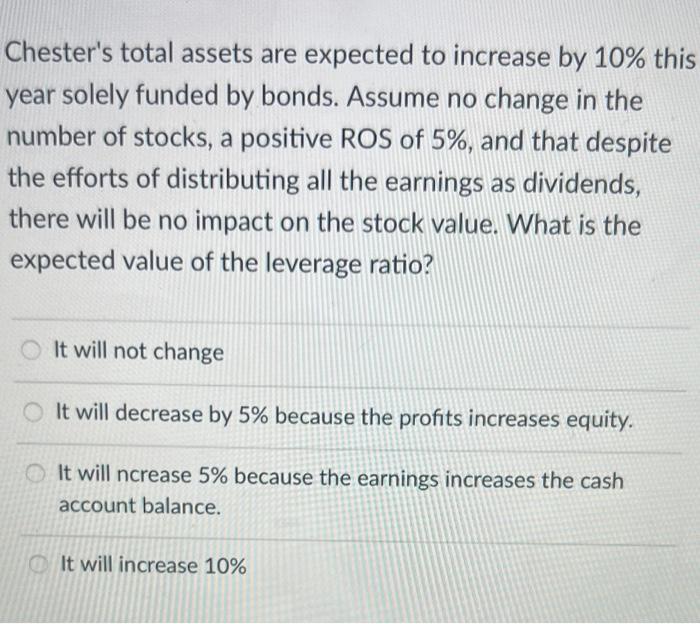 Chester's total assets are expected to increase