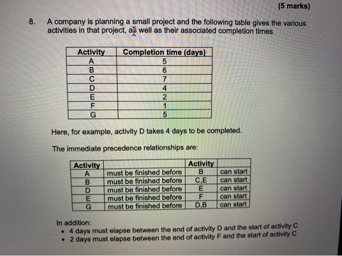 (5 marks) 8. A company is planning a small