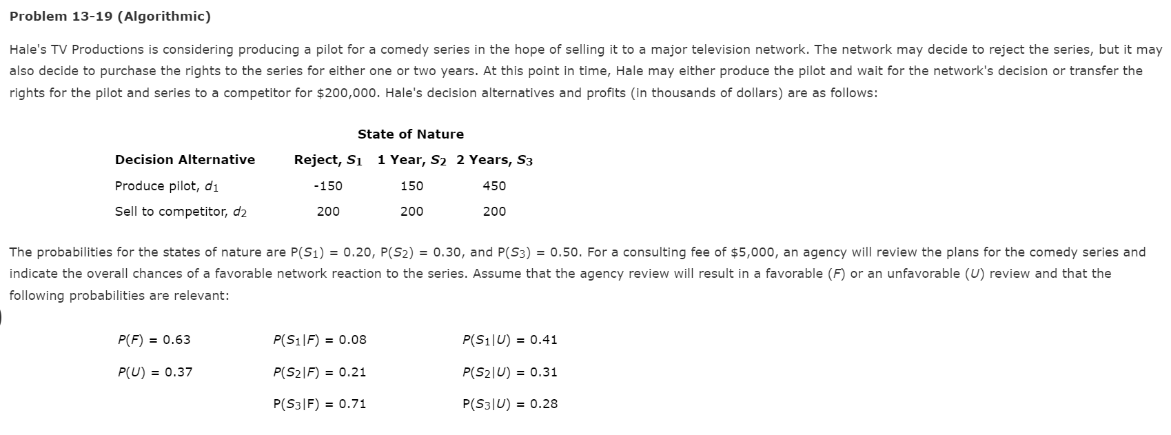 Problem 13-19 (Algorithmic) Hale's TV Productions