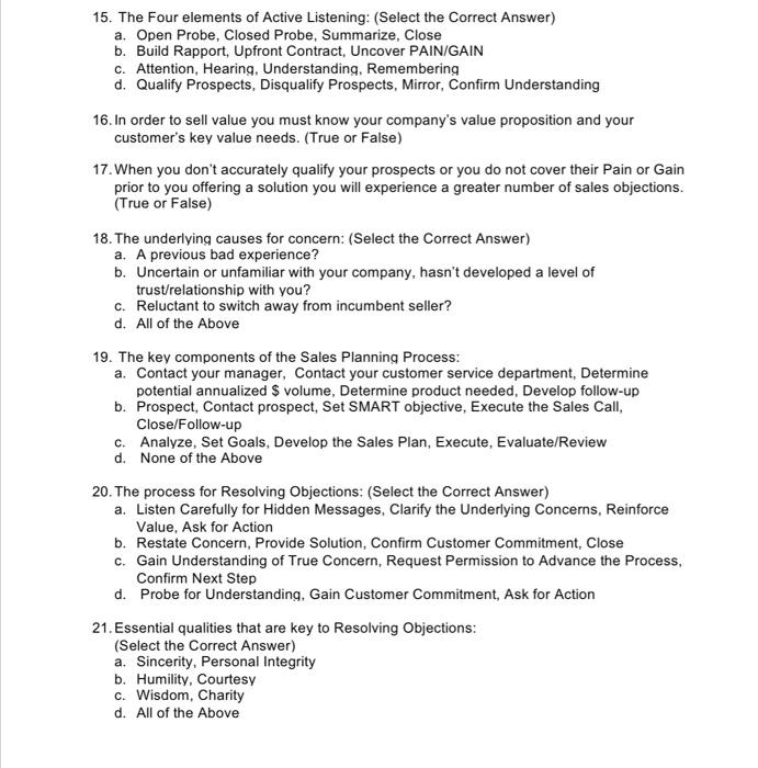 subject: basic selling skills 15. The Four