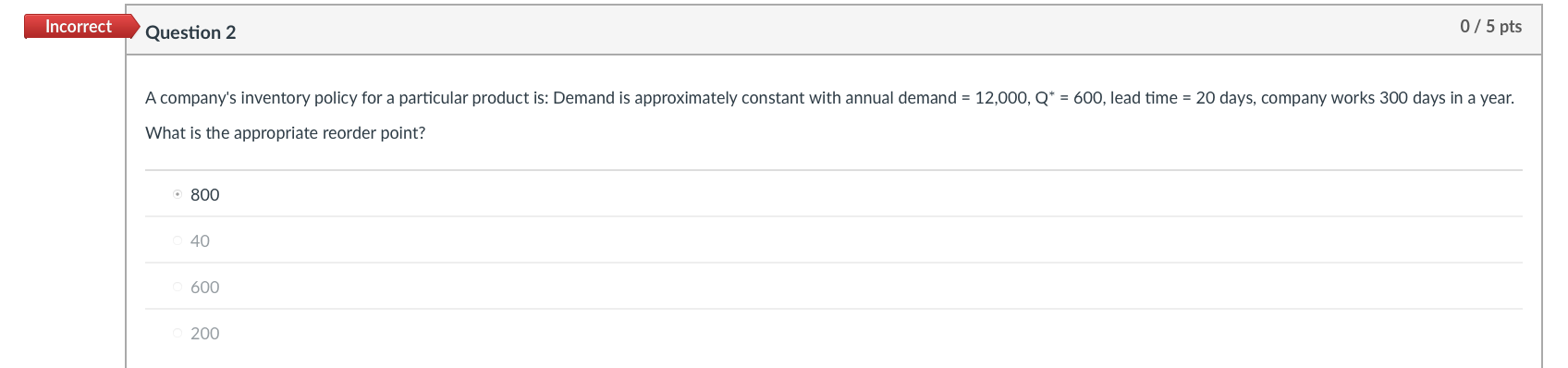 Incorrect Question 2 0/5 pts A company's