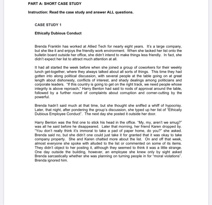 PART A: SHORT CASE STUDY Instruction: Read the